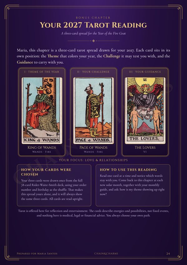 Sample page: three-card 2027 Tarot Reading spread (add-on)